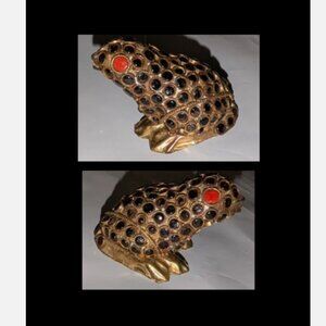 Tibetan FROG Figurine Brass Black Onyx Turquoise Red Coral Filigree 2 1/4"